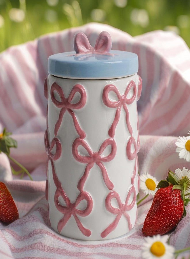 DIF DECO Cookie Jars with Lid Airtight, 42 OZ Large Ceramic Food Storage Containers, Cute Pink Bow Kitchen Canisters for Countertop, Suitable for Home Decor of Coffee, Sugar, Tea, Flour, Dog Treat (7.5 inch） - Image 1